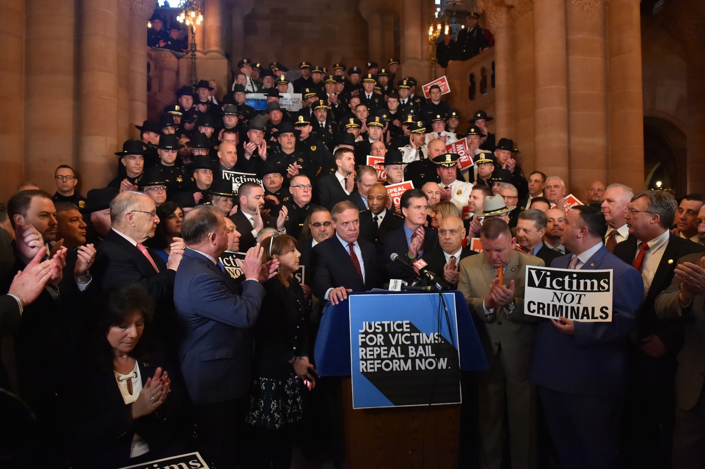 Assemblyman Joe DeStefano (R,C,I,Ref-Medford) pictured with Minority Leader Will Barclay, law enforcement and elected officials at a bail reform rally on February 4, 2020 in Albany, NY.