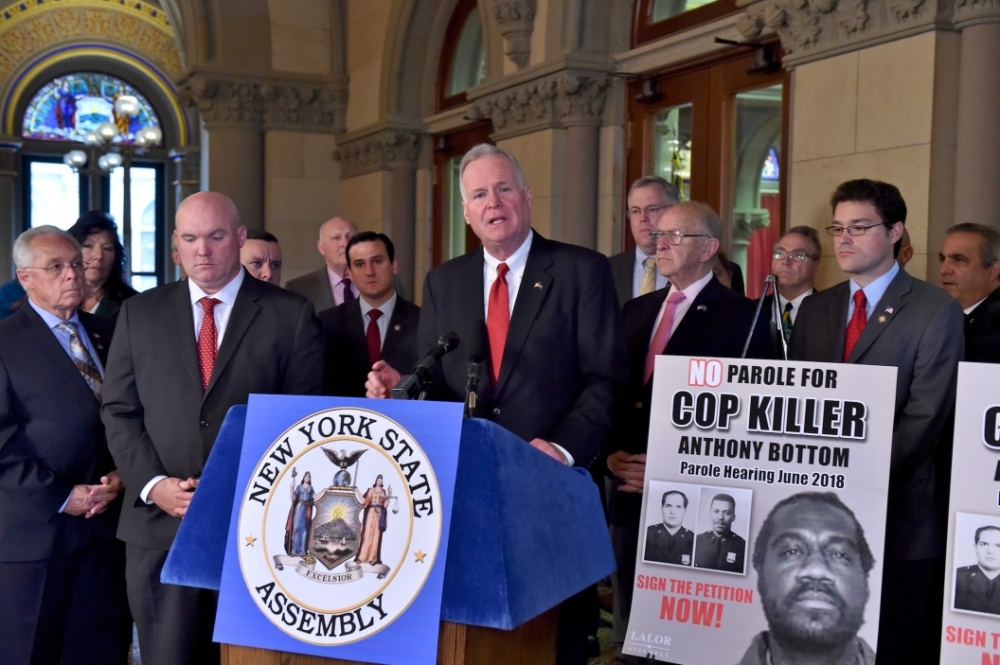 Assemblyman Michael Fitzpatrick (R,C,I,Ref-Smithtown) speaking at the press conference to oppose parole for Anthony Bottom who murdered NYPD Officers Piagentini and Jones.