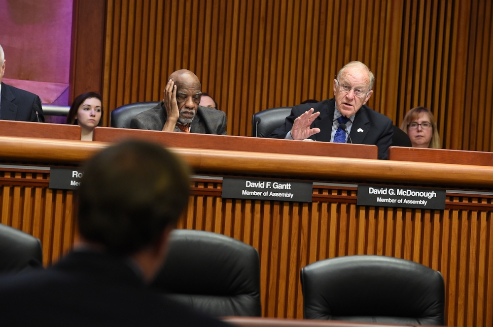 Assemblyman Dave McDonough (R,C,I-Merrick) asking a question of DOT Commissioner Matthew Driscoll at Wednesday's Joint Budget Hearing on Transportation in Albany