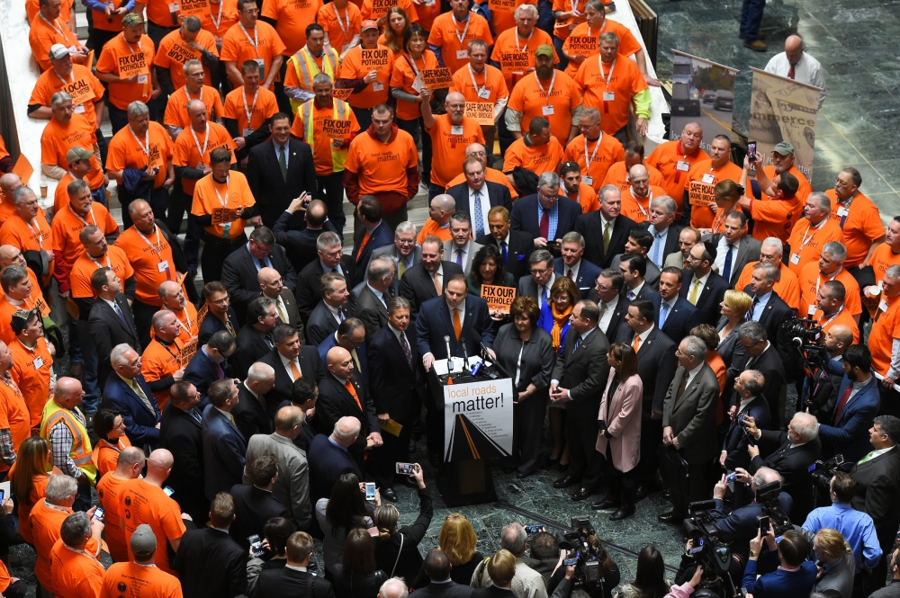 A group of legislators and construction crews from across the state joined together to call for increased CHIPS and PAVE-NY funding at a rally in Albany Wednesday.