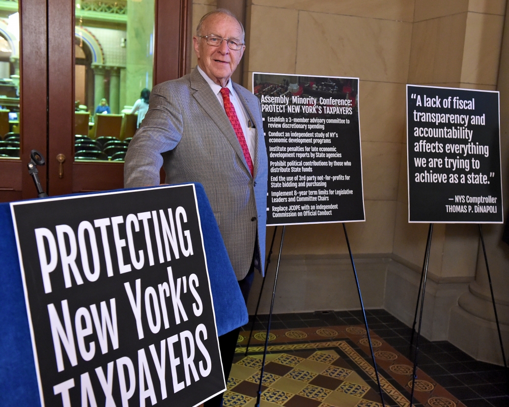 Assemblyman Dave McDonough (R,C,I-Merrick) pictured at a press conference calling for increased accountability and oversight into the state spending