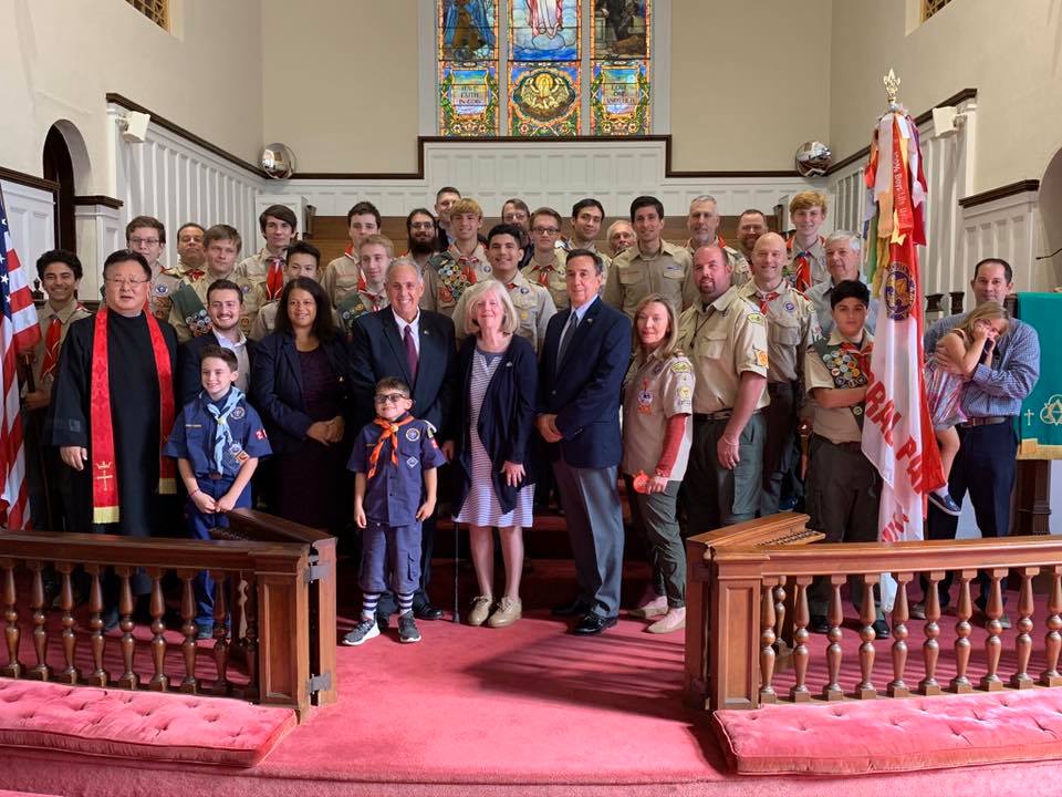 Celebrating the 105th Anniversary of Floral Park Boy Scouts Troop 4 with Village of Floral Park, Mayor Longobardi and Village Trustees at the United Methodist Church of Floral Park.