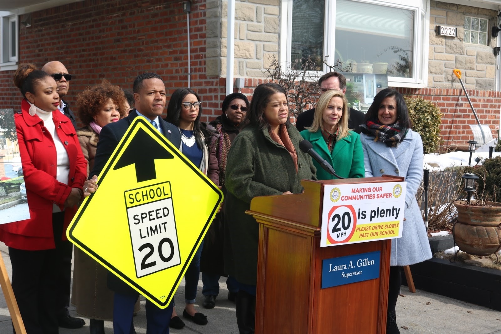Assemblywoman Solages holds a press conference with local officials to change the speed limit on Dutch Broadway in Elmont, N.Y.