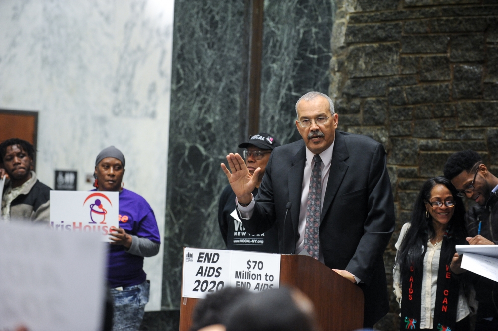 Speaking at an End AIDs rally in the Well, Legislative Office Building, Albany, NY 2016.