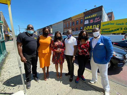 Assemblymember Bichotte, Senator Kevin Parker, Assemblymember Nick Perry, Council Member Farah N. Louis and others at a BYOB Hand Sanitizer Refill at the GROWNYC Farmstand on Flatbush Junction on July