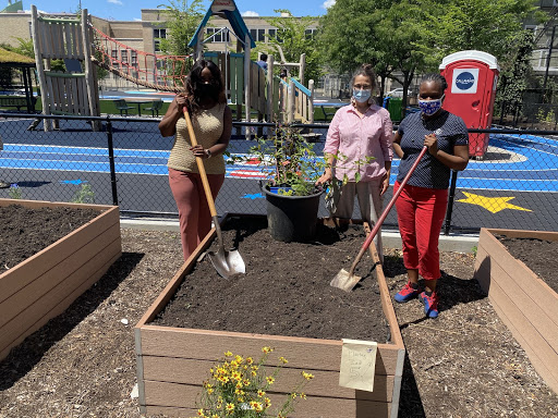 Assemblymember Bichotte, Council Member Farah Louis, and Susannah at PS 152/ PS 315 Playground for their Gardening Planting Day on 7/14/2020.