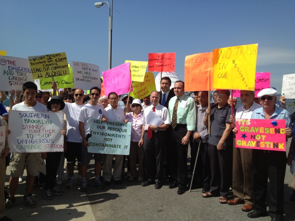Assemblymember Colton and Council Member Mark Treyger at one of numerous protests against the building of the Southwest Brooklyn Garbage station at Shore Parkway and Bay 43rd Street.
