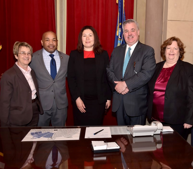 Recently appointed Manhattan Regent Nan Mead is joined by Assembly Speaker Carl Heastie, Assembly Education Chair Cathy Nolan, Assembly Higher Education Chair Deborah Glick, and Assembly Member O'Donn