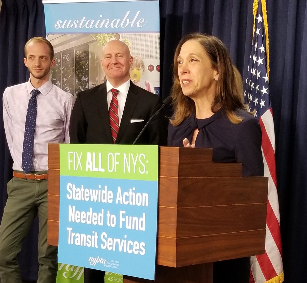 As Chair of the Committee on Corporations, Authorities, and Commissions, Assemblymember Amy Paulin calls for comprehensive funding for mass transit solutions with spokespeople from the New York Public