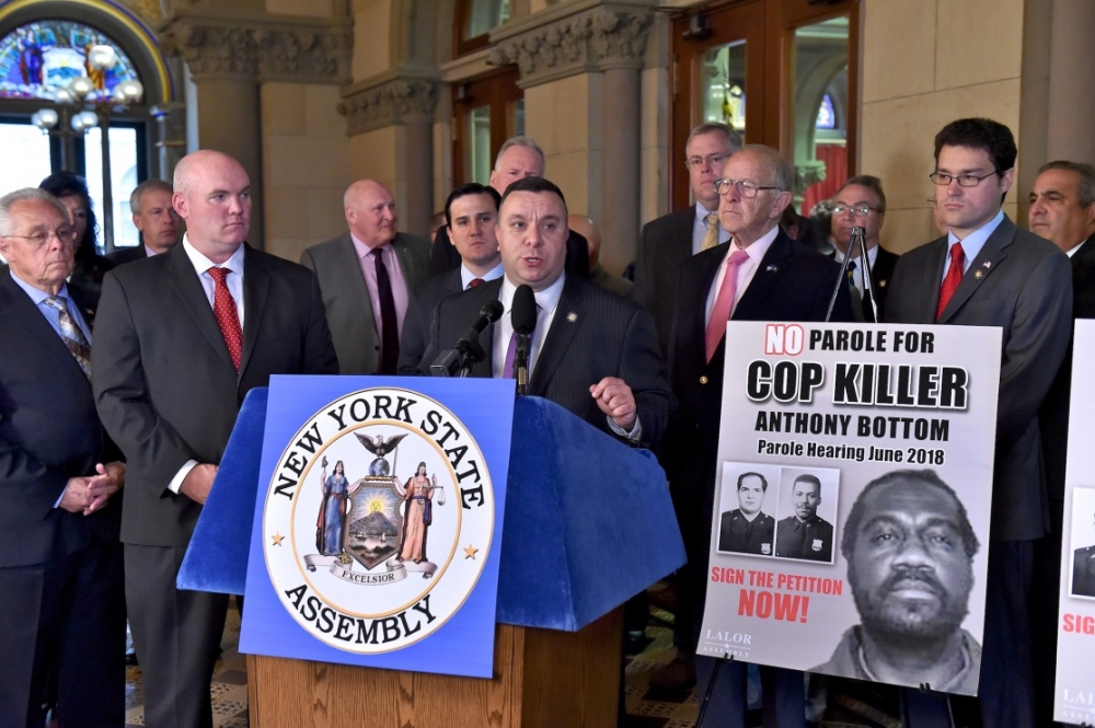 Assemblyman Karl Brabenec (R,TCN-Deerpark) speaks during a press conference today in Albany to prevent cop-killer Anthony Bottom from gaining parole