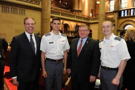 Assemblyman Ken Blankenbush (R,C,I-Black River) (center-right), joined by Assemblyman Will Barclay (left), welcomes Cadets Nicholas J. Tyler and Brandon A. Lloyd at the annual West Point Day ceremony