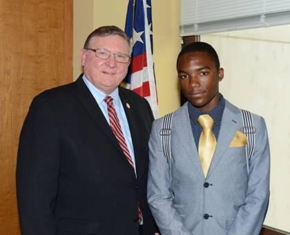 Assemblyman Ken Blankenbush (R,C,I-Black River) welcomes Ft. Drum Youth Services’ Youth of the Year Antonio Bell, Jr.