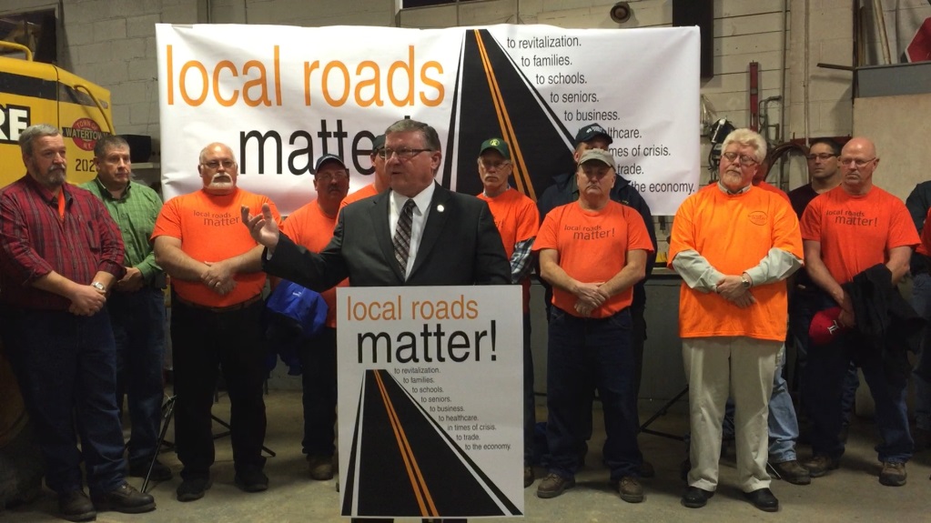 Assemblyman Ken Blankenbush (R,C,I-Black River) speaks at the“Local Roads Matter” rally held at the Town of Watertown Highway Department.