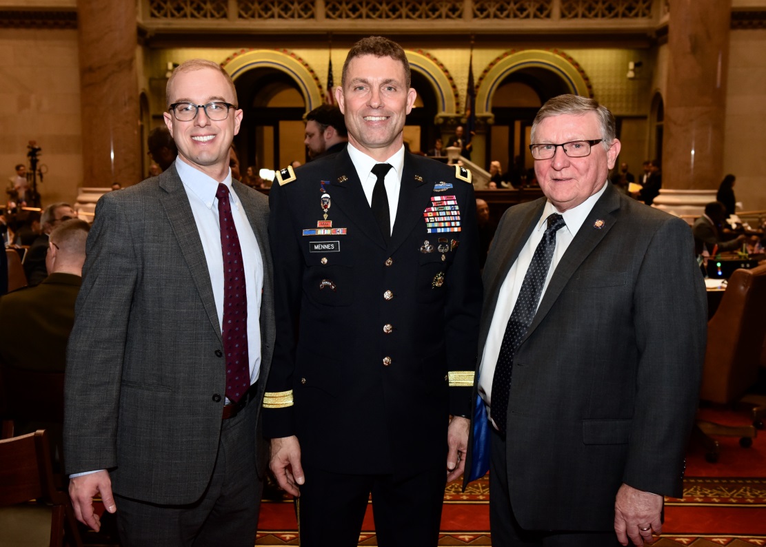 Assemblyman Ken Blankenbush (R,C,I-Black River) pictured with General Mennes and Assemblyman Mark Walczyk (R,C,I,Ref-Watertown) in celebration of Fort Drum Day in Albany on February 26, 2020.