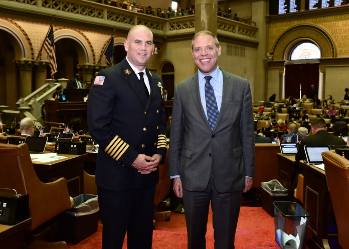 Assemblyman Will Barclay (R,C,I,Ref-Pulaski) welcomed City of Fulton Fire Department Chief David Eiffe, left, to Albany on May 20 during National Emergency Medical Services week.  “I’d like