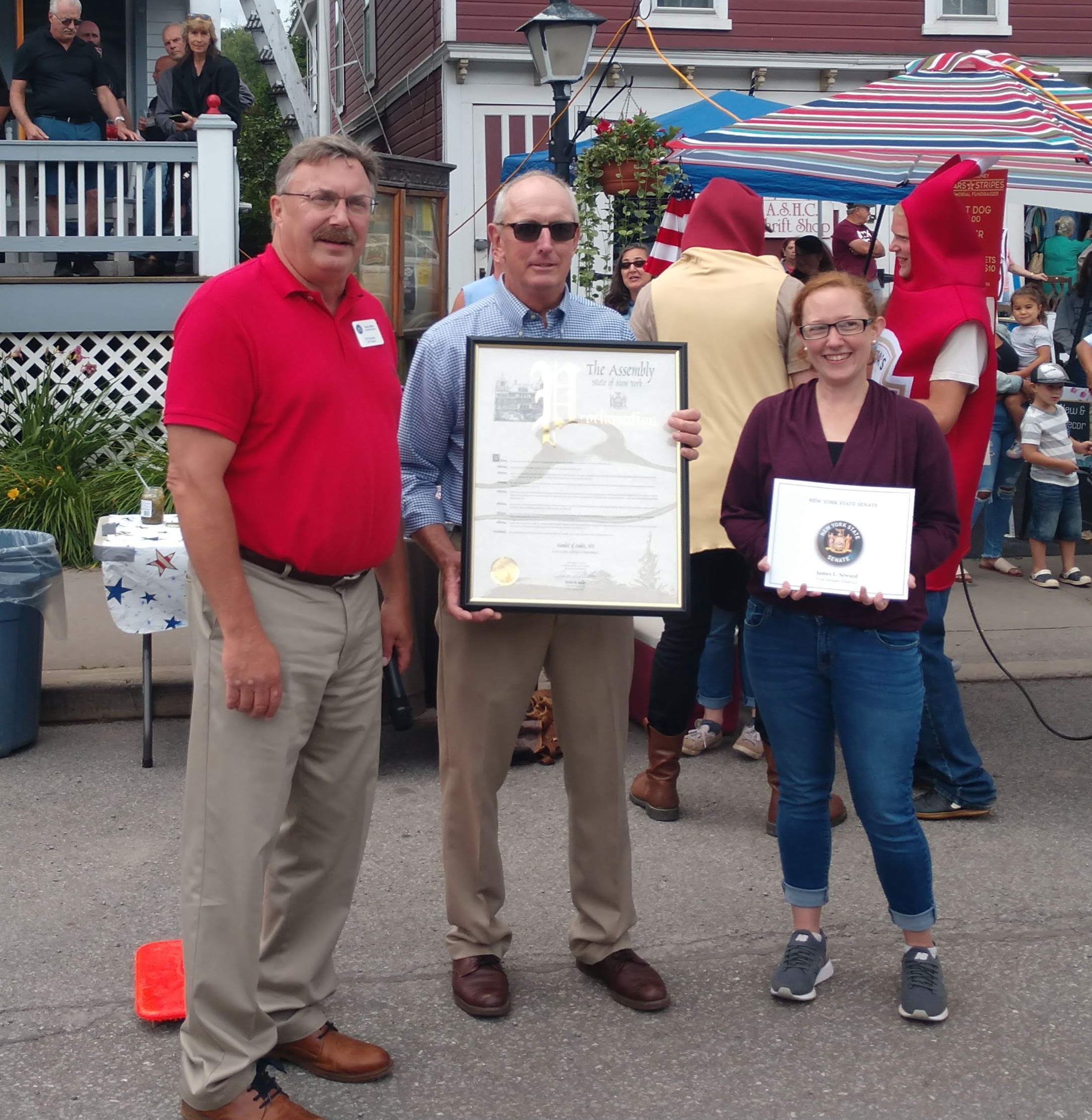 Pictured above: Assemblyman Brian Miller presents a state Assembly Proclamation in honor of the Town of Andes’ bicentennial to Town Supervisor Wayland “Bud” Gladstone and Town Clerk Kim