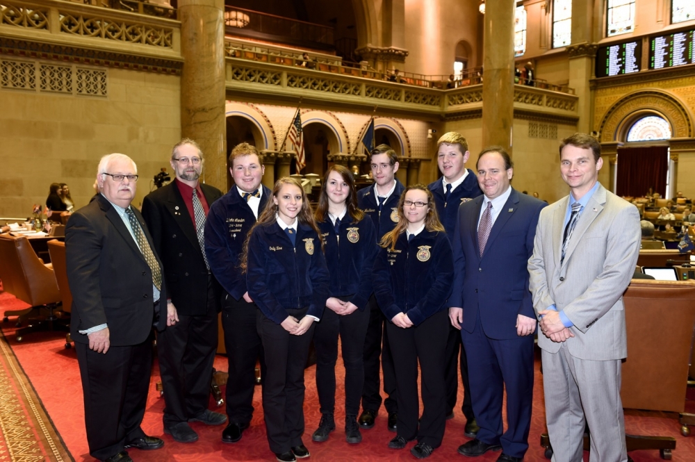 President of the NYS Association of Conservation Districts Dan Farrand and GST BOCES Conservation Instructor and FFA Advisor Dan MacNaughton are pictured on the left. On the right are Assemblyman Phil