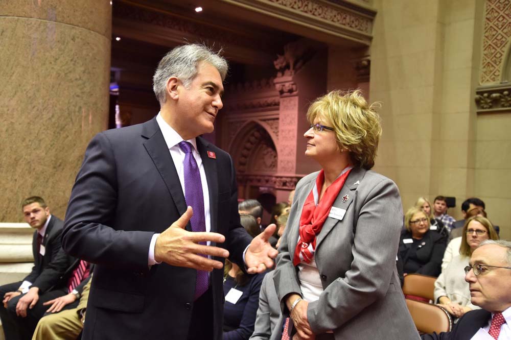 January is National Blood Donor Month. Assemblyman Stirpe speaks with Rosie Taravella, Regional Chief Executive Officer for the Red Cross of Central New York in the Assembly Chamber.