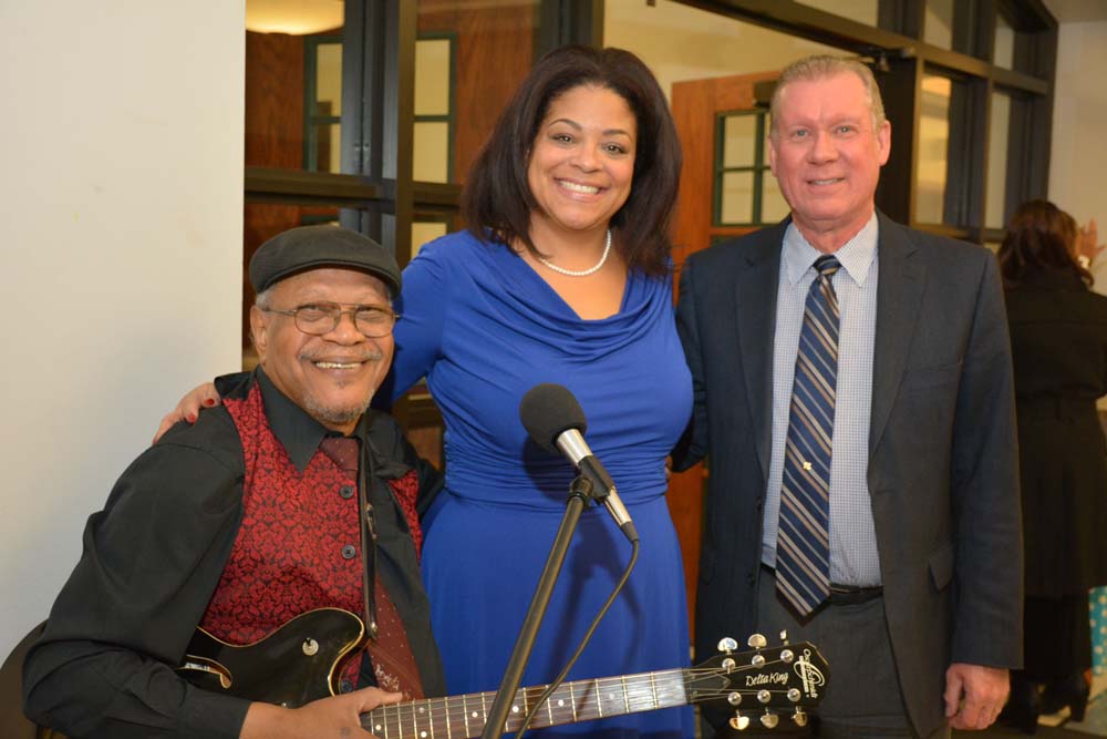 Jazz Musician Marcus Curry, and Larry Luttinger, Executive Director CNY Jazz Central join Assemblymember Pamela J. Hunter during her swearing-in at Le Moyne College.