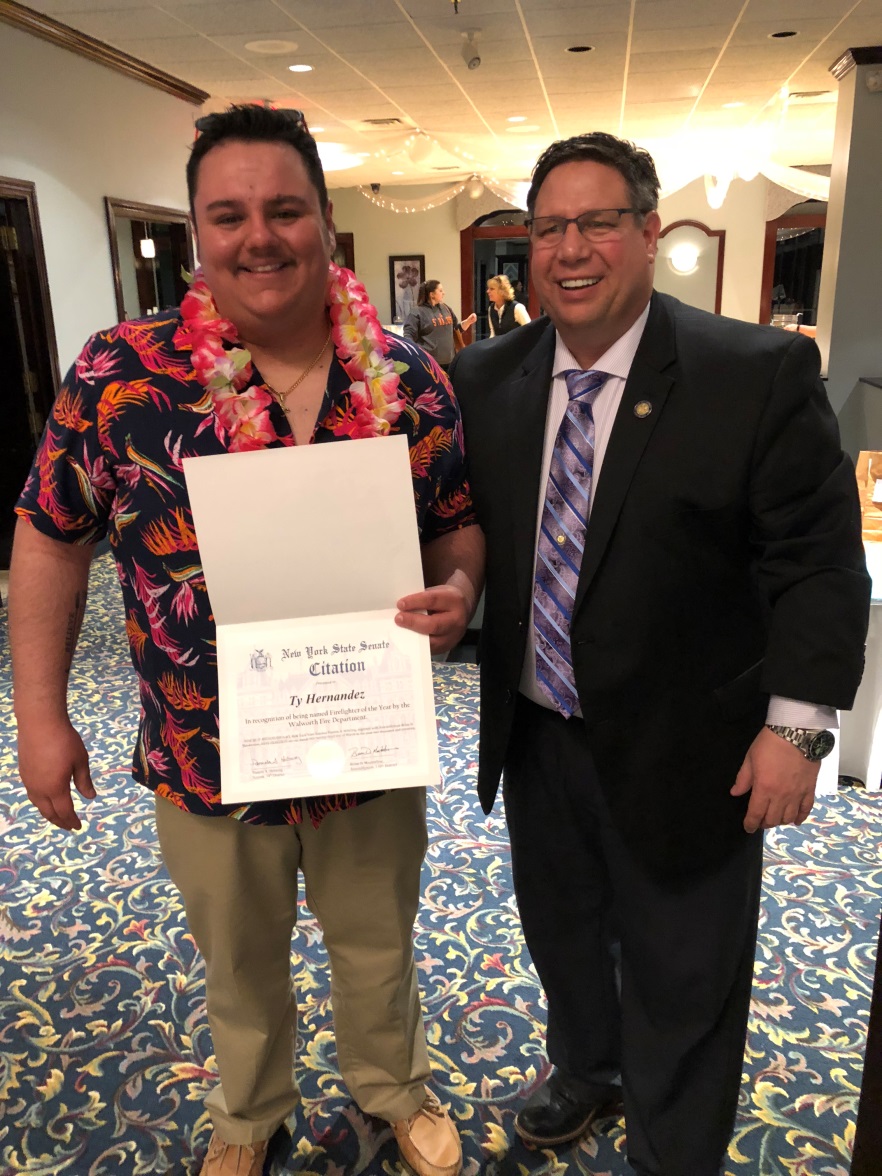 Assemblyman Brian Manktelow (R,C,I,Ref-Lyons) with Walworth Firefighter of the Year Ty Hernandez on March 23, 2019 at the department’s annual banquet.