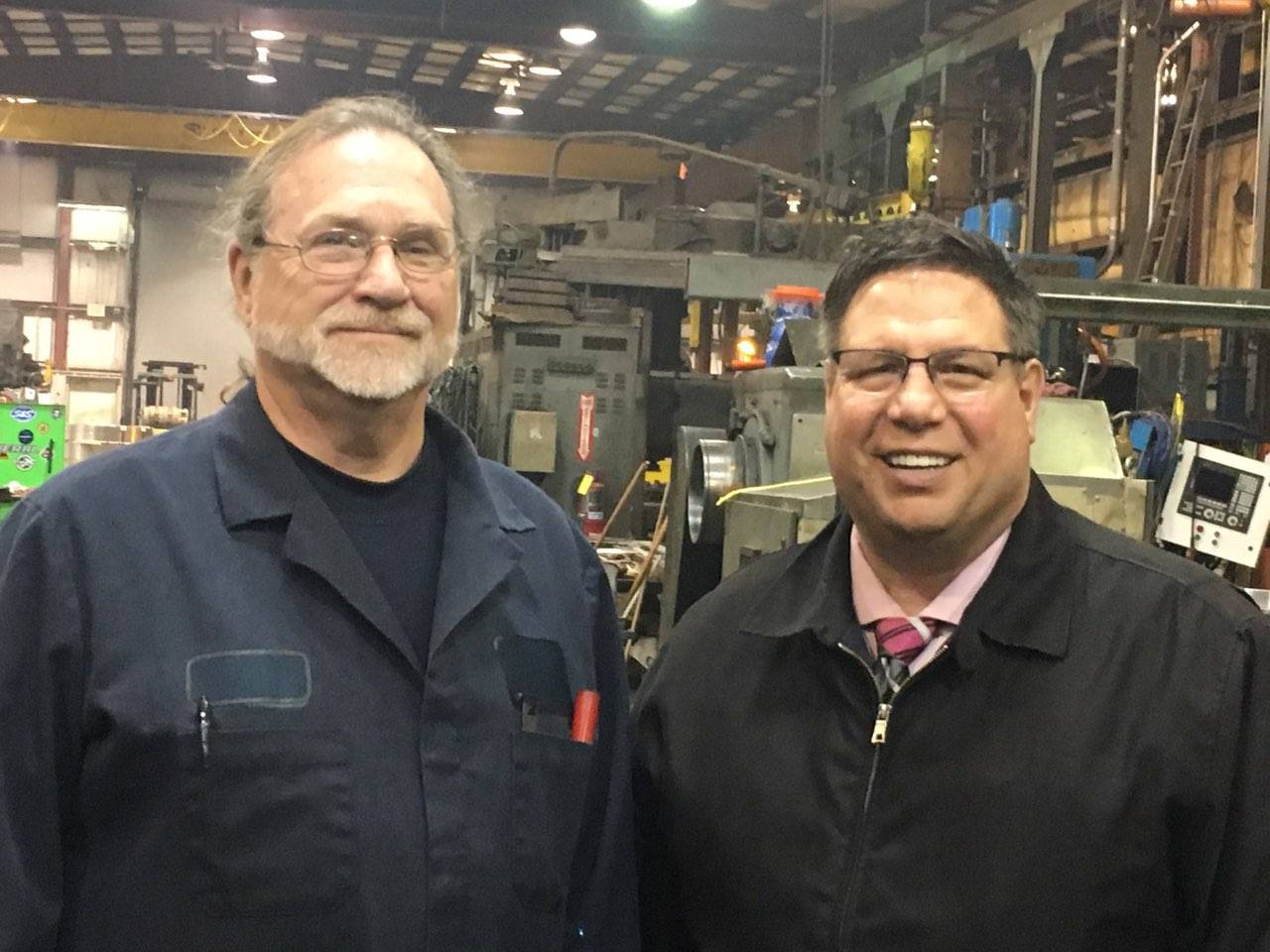 Assemblyman Brian Manktelow (R,C,I,Ref-Lyons)  met with Ed Ide, owner of Ide Machinery in the village of Cayuga on April 15 as part of the assemblyman’s tour of Cayuga County during the session b