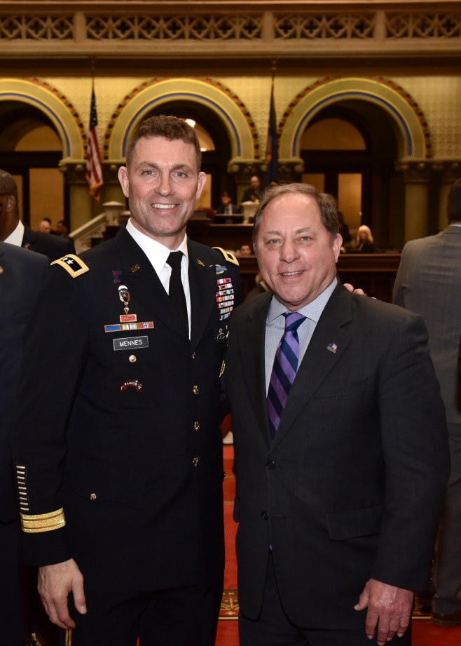 Assemblyman Steve Hawley poses with the Senior Commander of Fort Drum, Major General Brian J. Mennes in Albany on February 26, 2020.