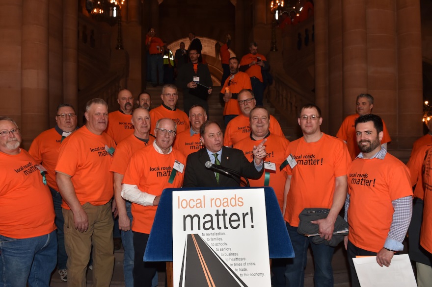Hawley stands with Western New York highway superintendents at a rally in Albany on Wednesday, March 04, 2020.