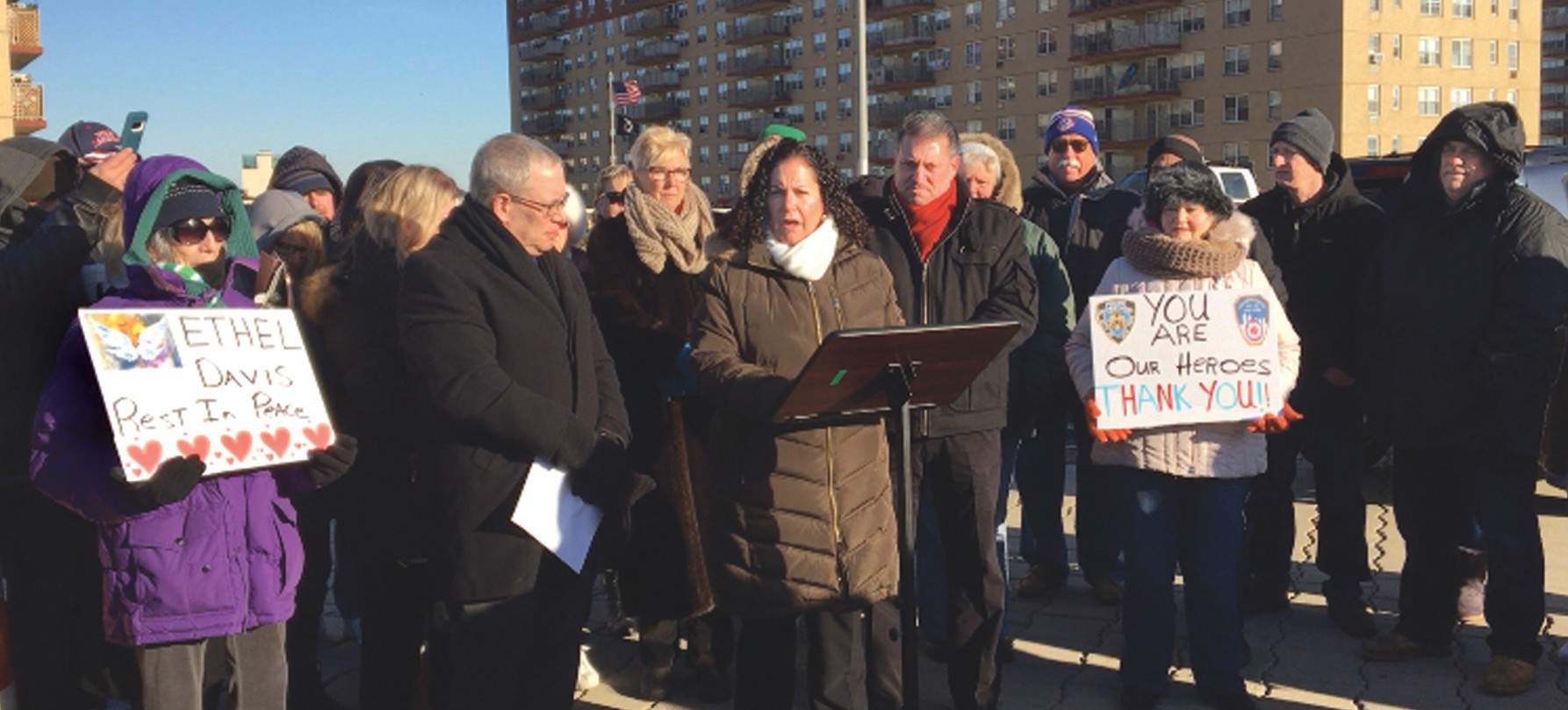 Pheffer Amato at a press conference in 2019 with Mitchell-Lama residents