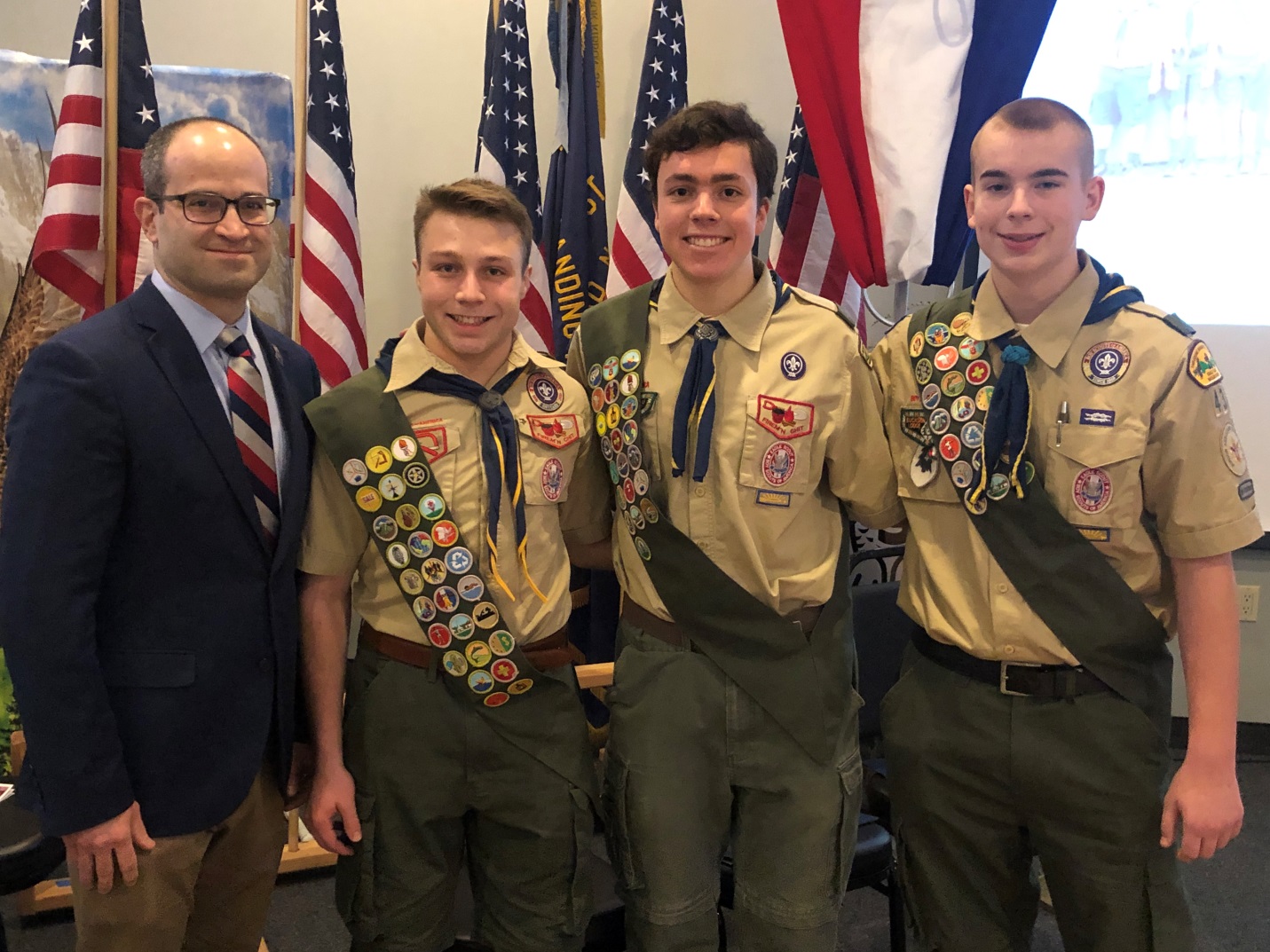 Assemblyman Ed Ra (R-Franklin Square) with Eagle Scouts Alexander Leonard DeMeo, Luke Martin and John Jake Sasso.