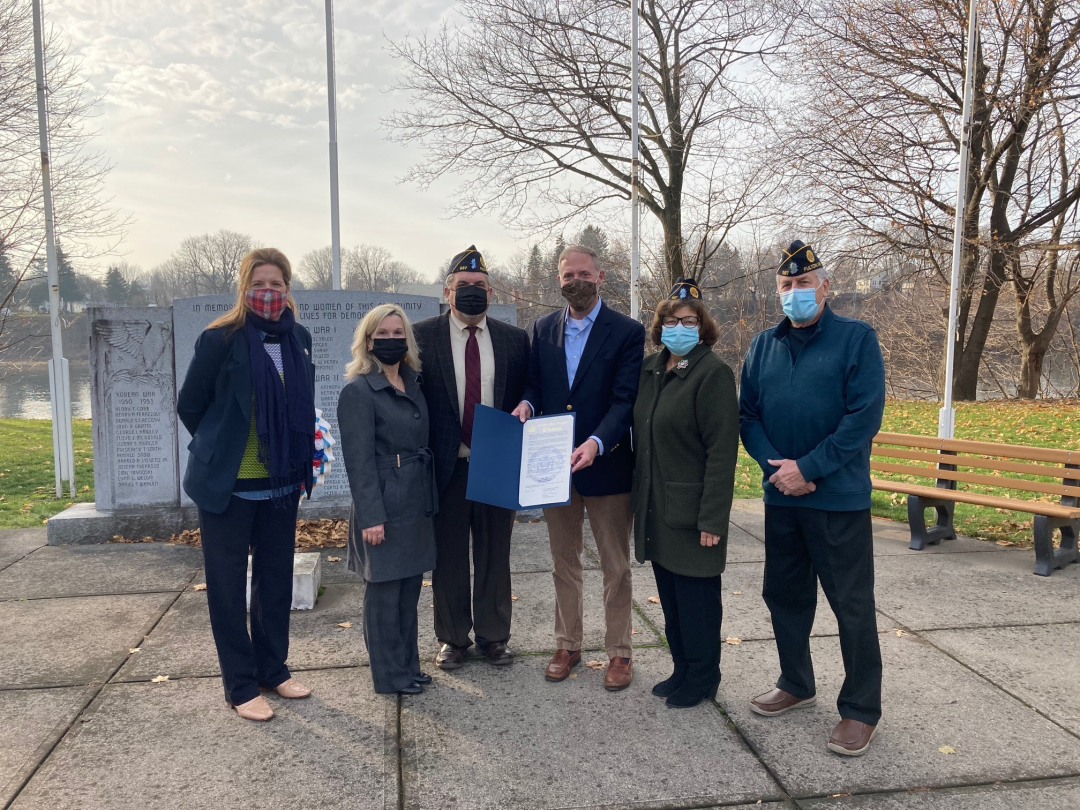 Assembly Minority Leader Will Barclay (R,C,I-Pulaski) honored Fulton Veterans' Council Veteran of the Year Peter Allen with an Assembly citation. Pictured from left with Leader Barclay and Mr. Allen are City of Fulton Mayor Deana Michaels, Anne Allen, Pet