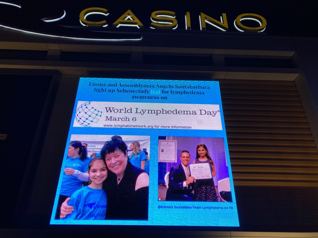 Assemblyman Santabarbara and 12-year-old Youth Ambassador Emma Detlefsen lit up Schenectady “Teal” for World Lymphedema Day tonight!